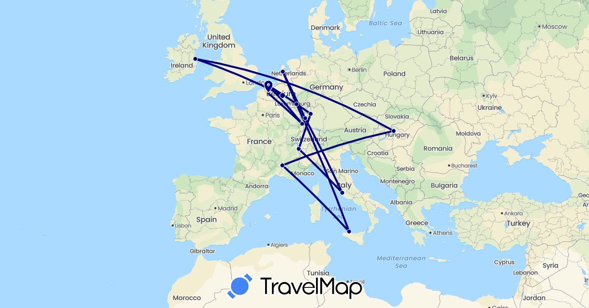 TravelMap itinerary: driving in Belgium, Germany, France, Hungary, Ireland, Italy, Netherlands (Europe)